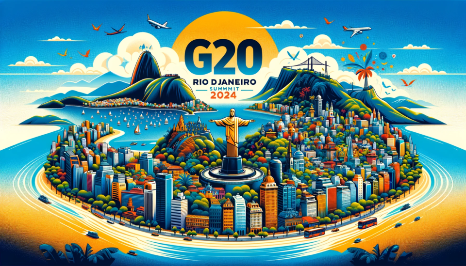 DALL·E 2023 11 20 15.06.36 A panoramic image celebrating the G20 Rio de Janeiro Summit 2024 showcasing iconic landmarks of Rio de Janeiro such as the Christ the Redeemer statue