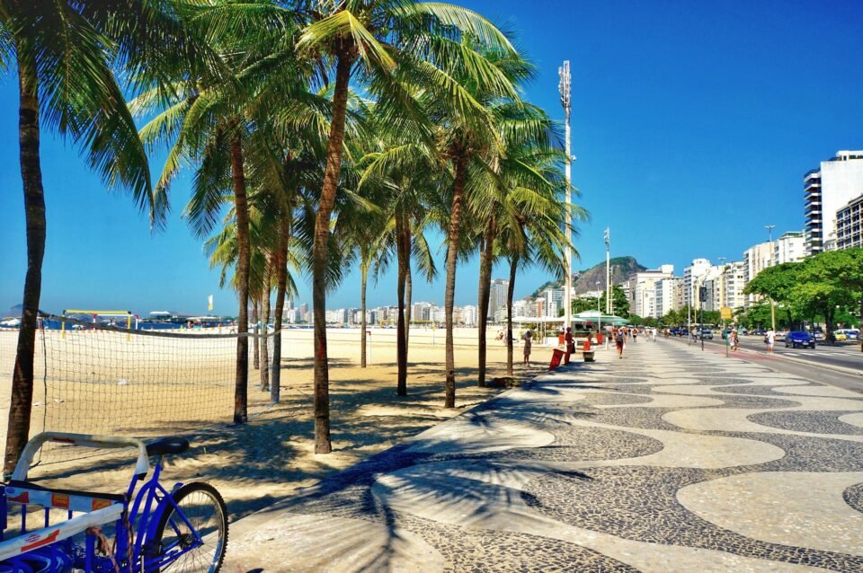 Patterned sidewalk in Copacabana along the beach in Rio de Janeiro, Brazil