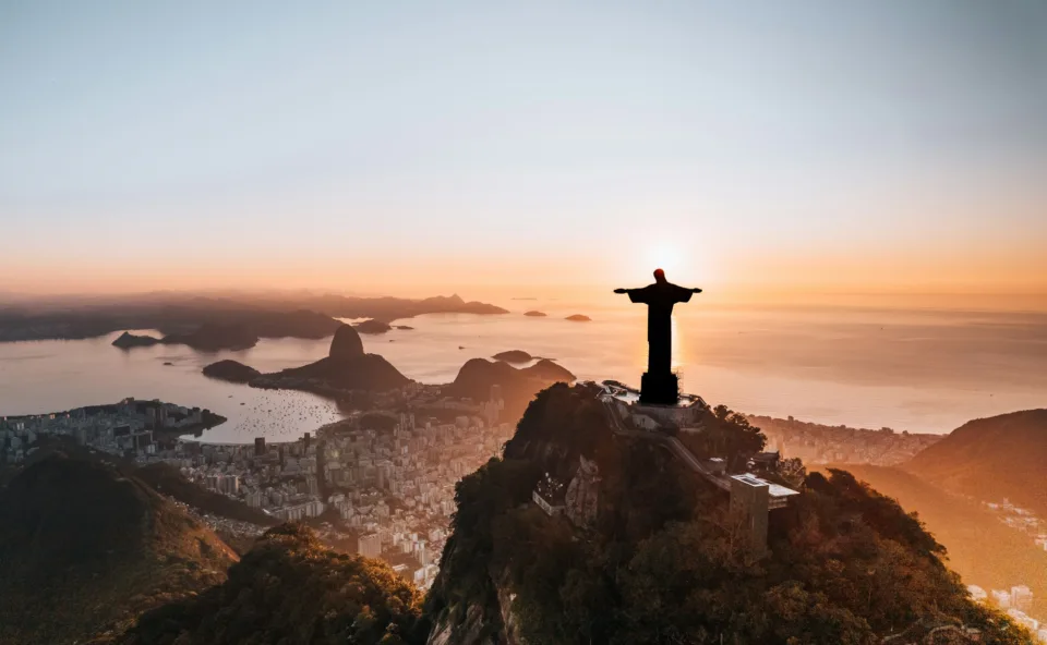 Aerial View of Christ de Redeemer during sunrise in Rio de Janeiro, Brazil