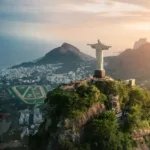 Aerial view of Christ the Redeemer Statue with Dois Irmaos Hill at sunset - Rio de Janeiro, Brazil